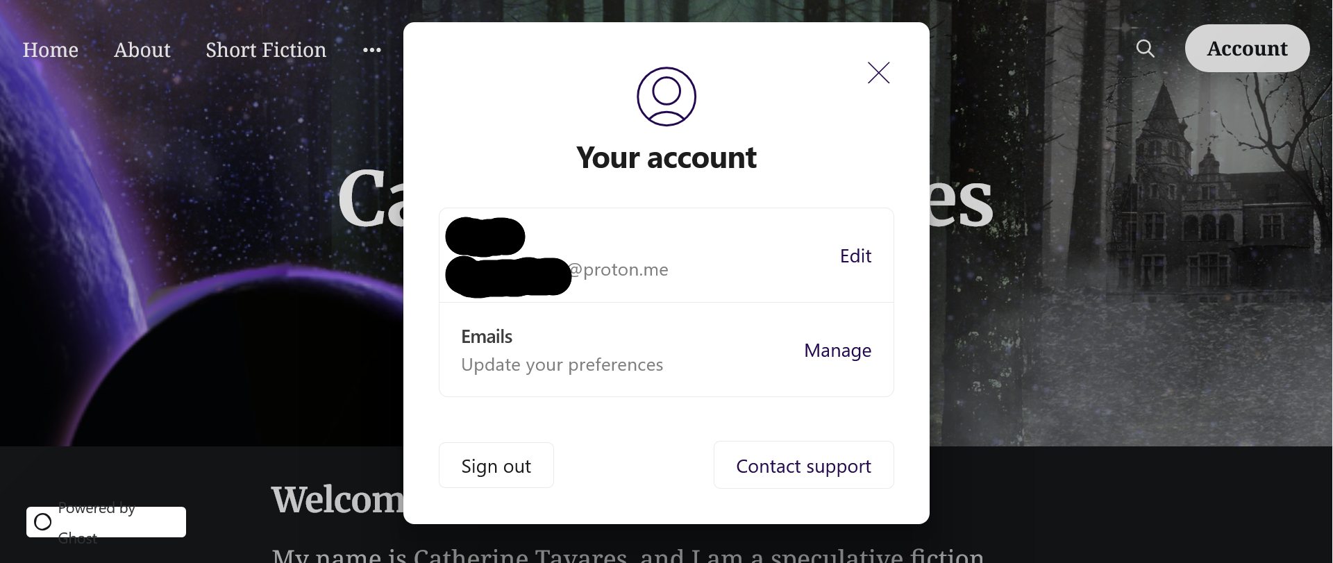 Screenshot of the Account Info pop up showing the ability to edit personal details, sign out, or contact support.