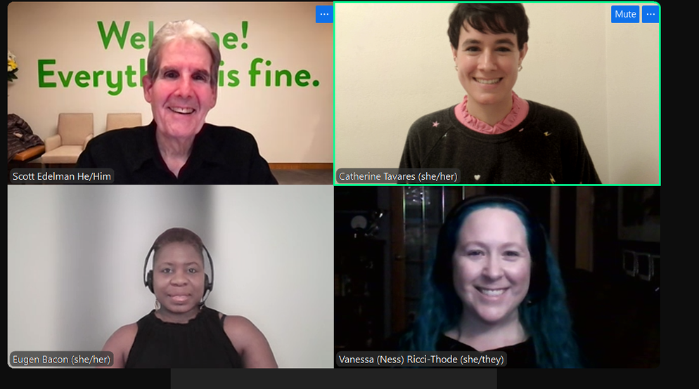 Screenshot of some super wellness oriented folks! From right to left: Scott Edelman, Catherine Tavares (me! [no, I still haven’t re-dyed my hair since shaving it all off this summer. Sorry!]), Eugen Bacon, and Vanessa Ricci-Thode