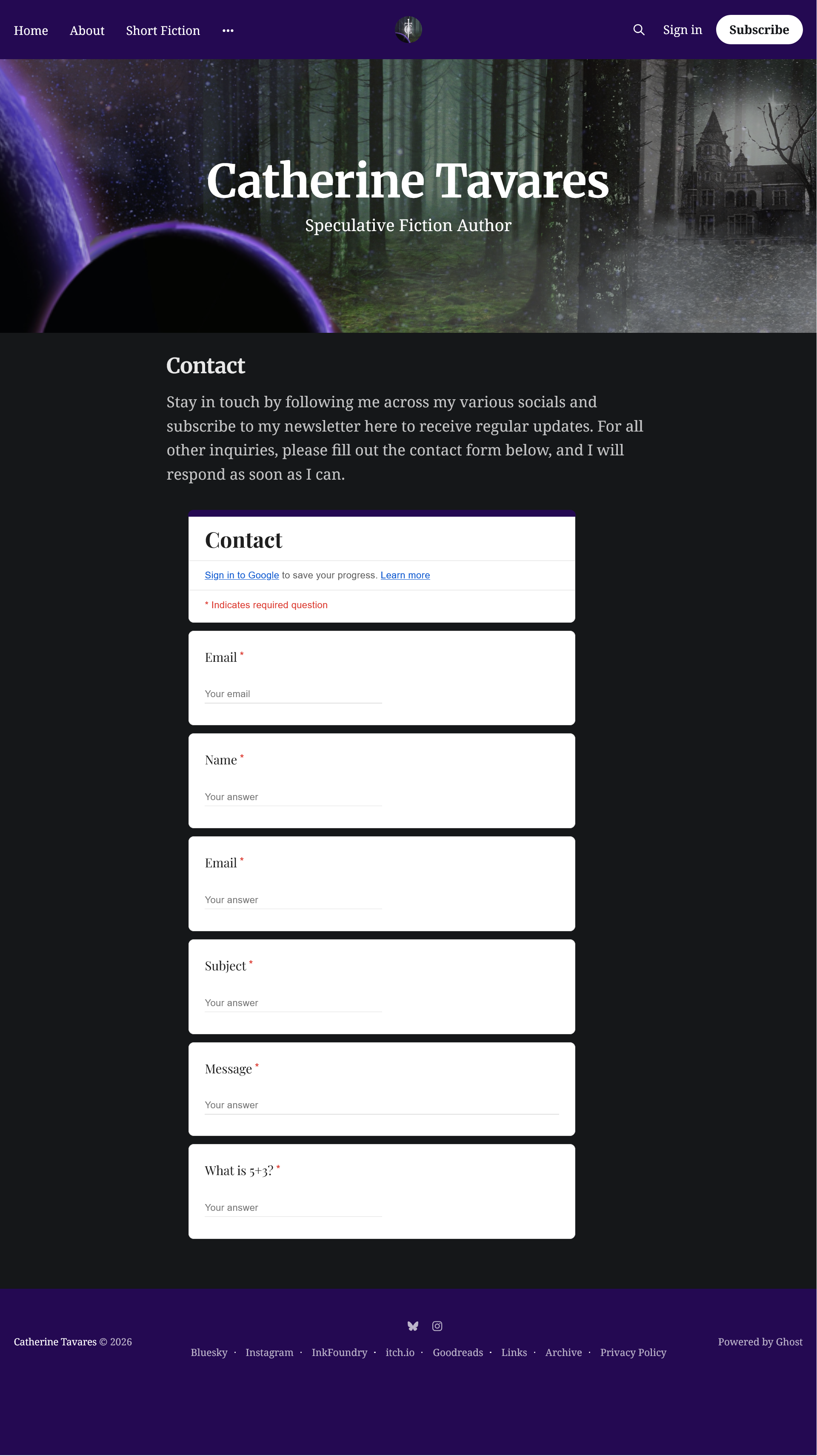 Screenshot of the contact page showing the Google form embedded there.