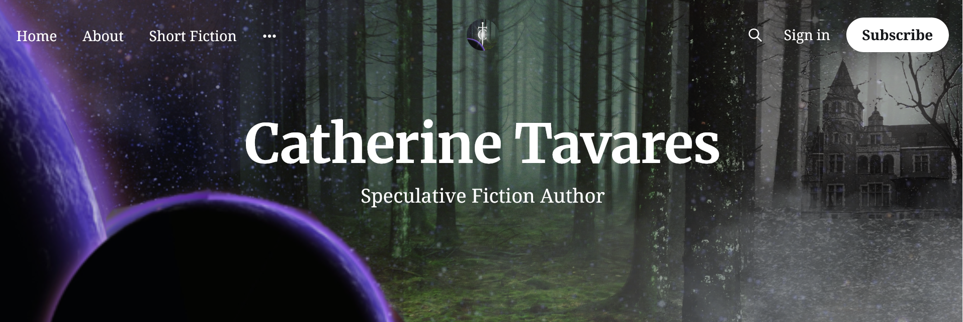 Screenshot of the homepage banner for this website with navigation tabs for home, about, short fiction, search, sign in, and subscribe.