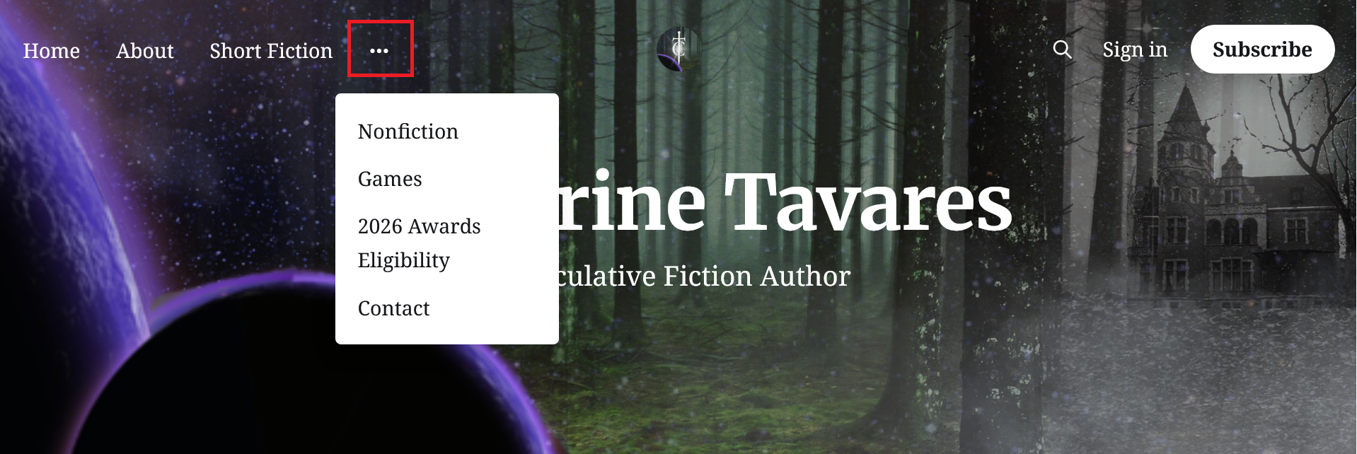 Same screenshot of the homepage but with the menu expanded to reveal nonfiction, games, 2026 awards eligibility, and contact tabs.