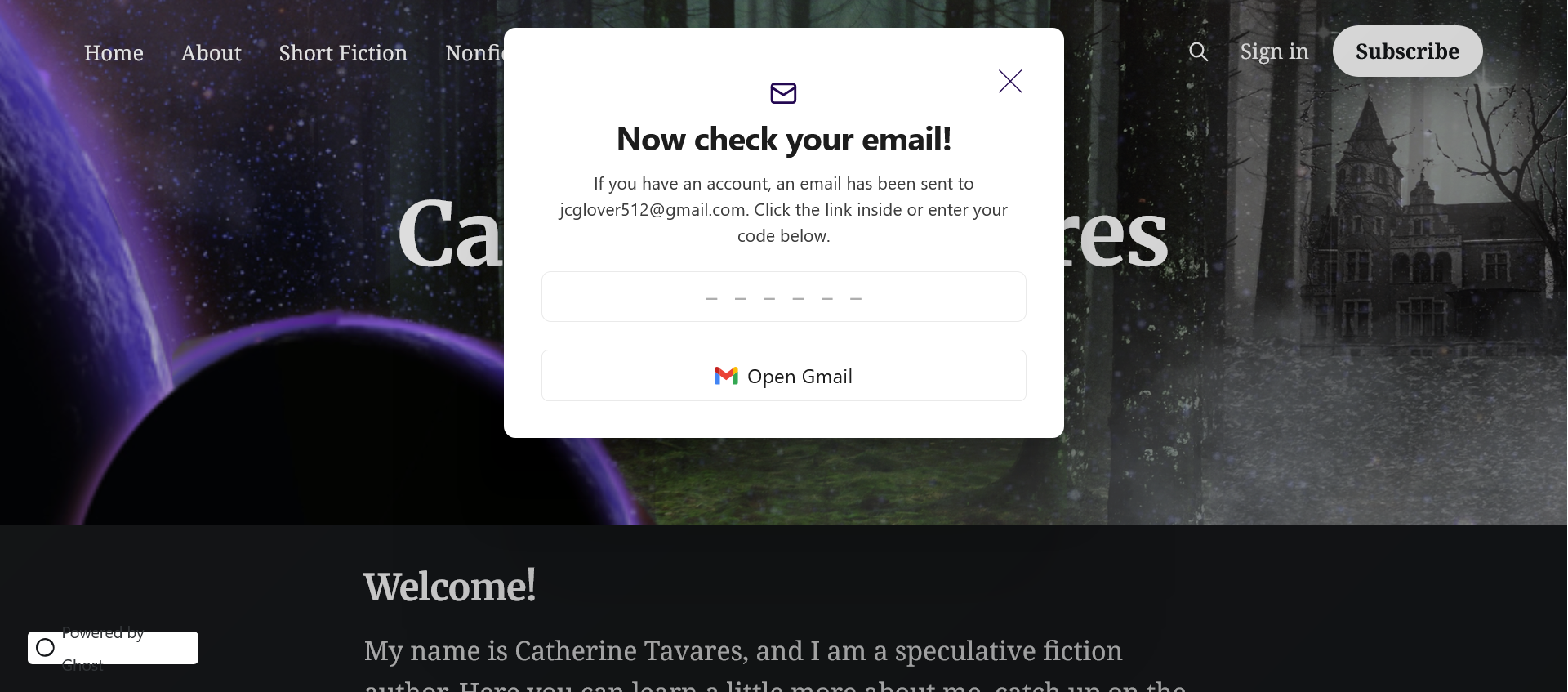 Screenshot showing the sign in code pop up asking users to check their email and enter a code to log on to the site