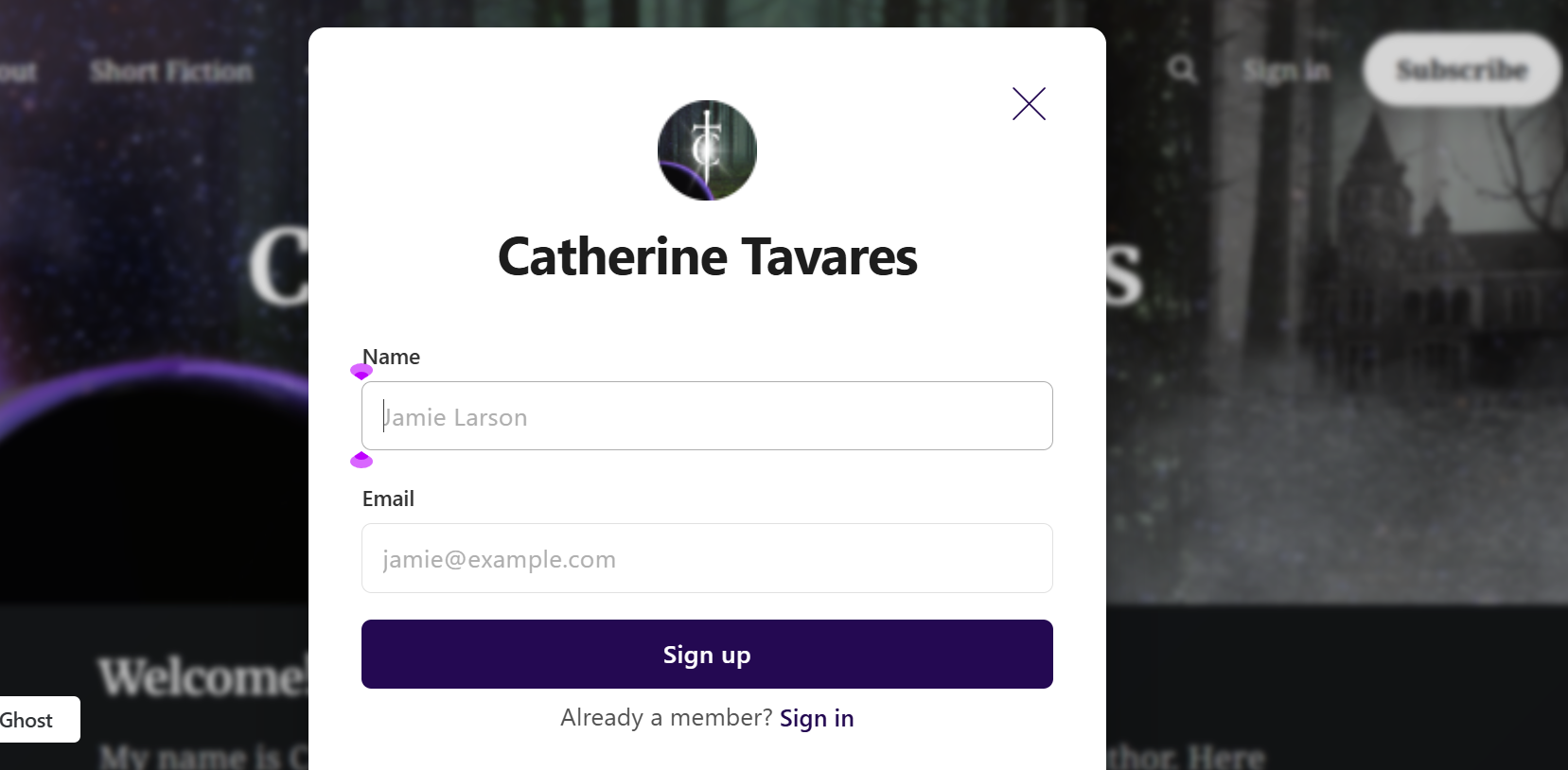 Screenshot of the subscription form for this site asking for name and email address.