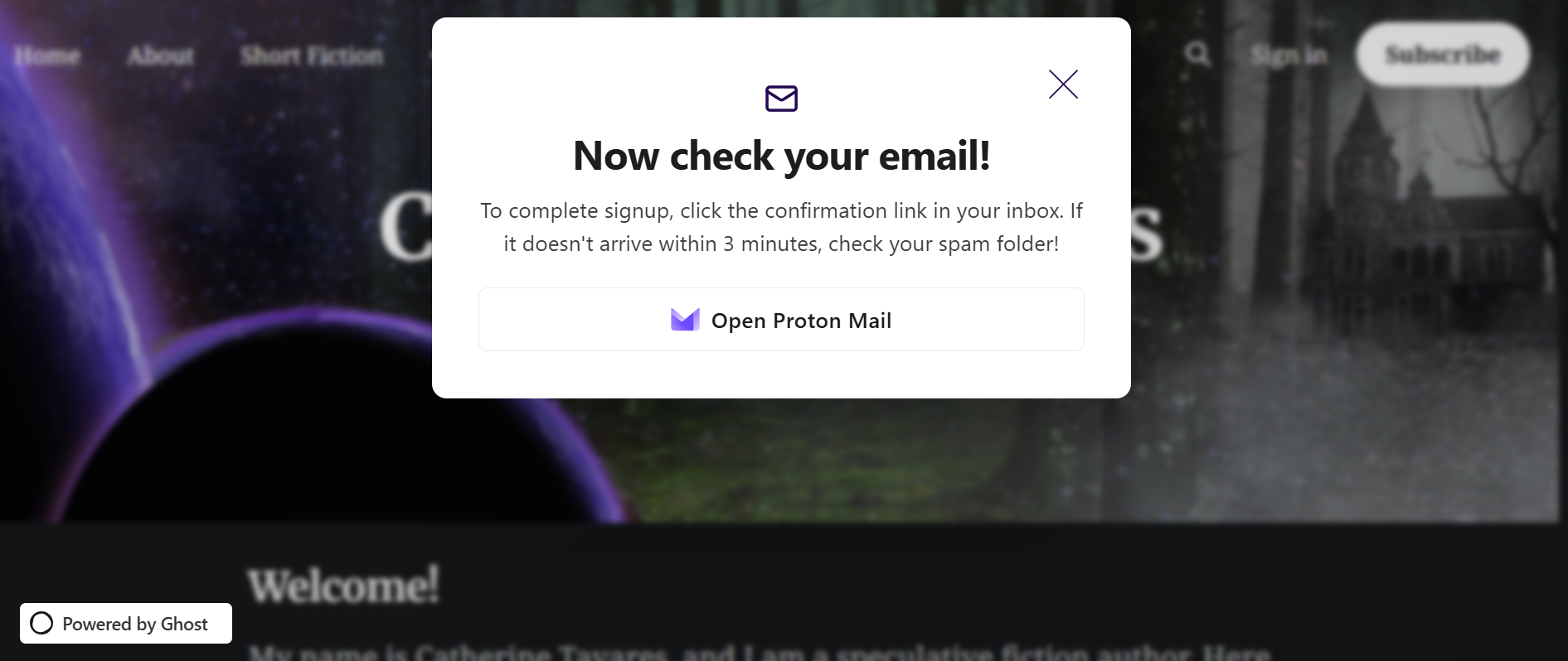 Screenshot of the Subscription Confirmation pop up asking someone to navigate to their email.