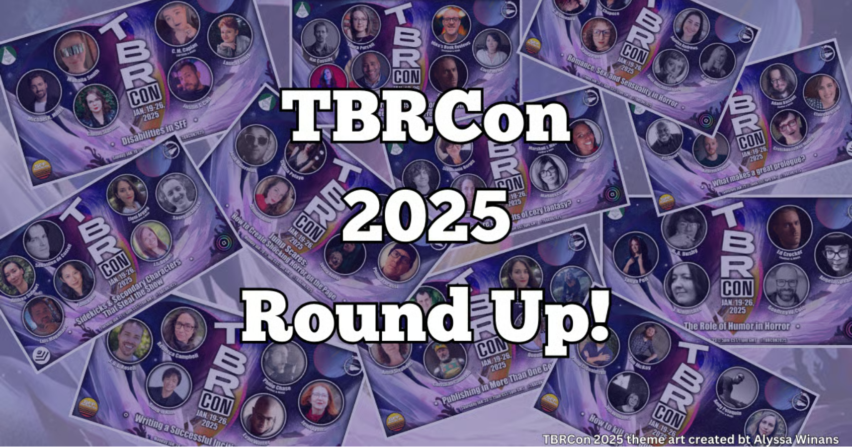 Graphic that combines a bunch of the screenshots of TBRCon panels and their speakers onto a purple background. Foreground says TBRCon 2025 Round Up!