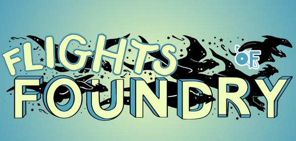 Flights of Foundry logo with black cartoon dragons flying around the name.