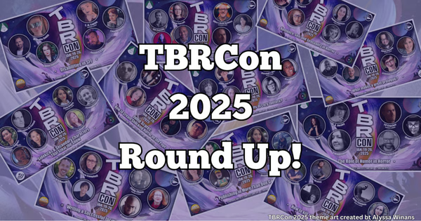 Graphic that combines a bunch of the screenshots of TBRCon panels and their speakers onto a purple background. Foreground says TBRCon 2025 Round Up!