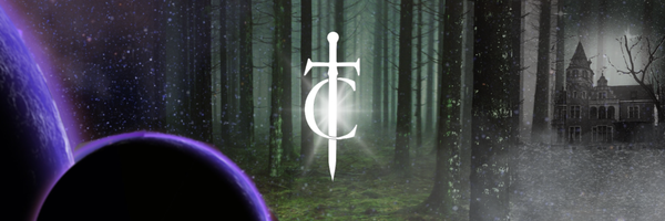Website banner (from left to right) two purple planets fading into a nighttime forest that fades into a black and white foggy haunted mansion. In the center is the site logo.